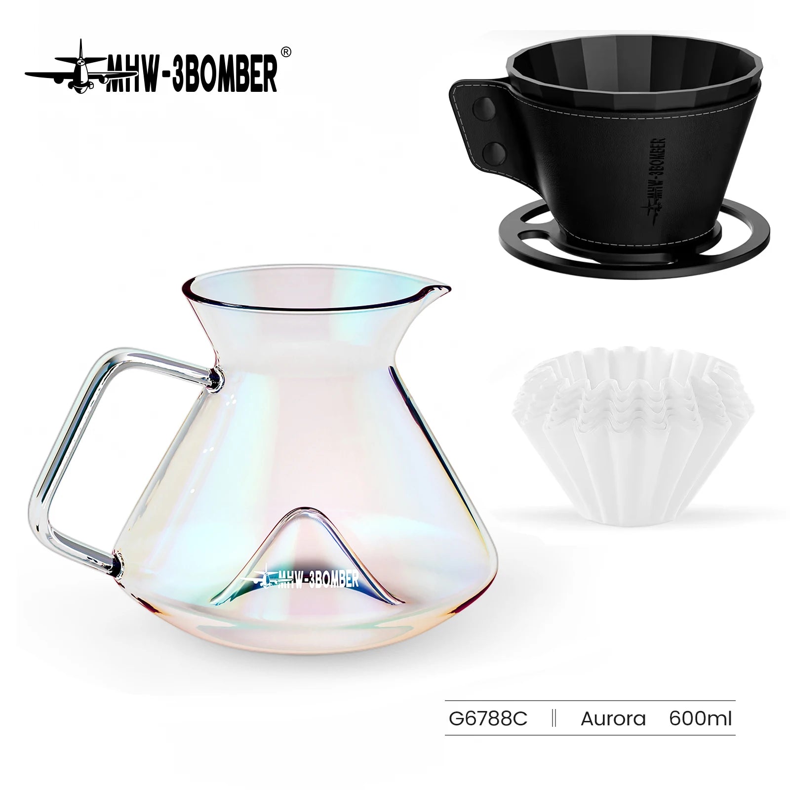 MHW-3BOMBER Hill Pour Over Coffee Maker Set – Precision Glass Dripper for Rich, Balanced Brews (200–400ml)