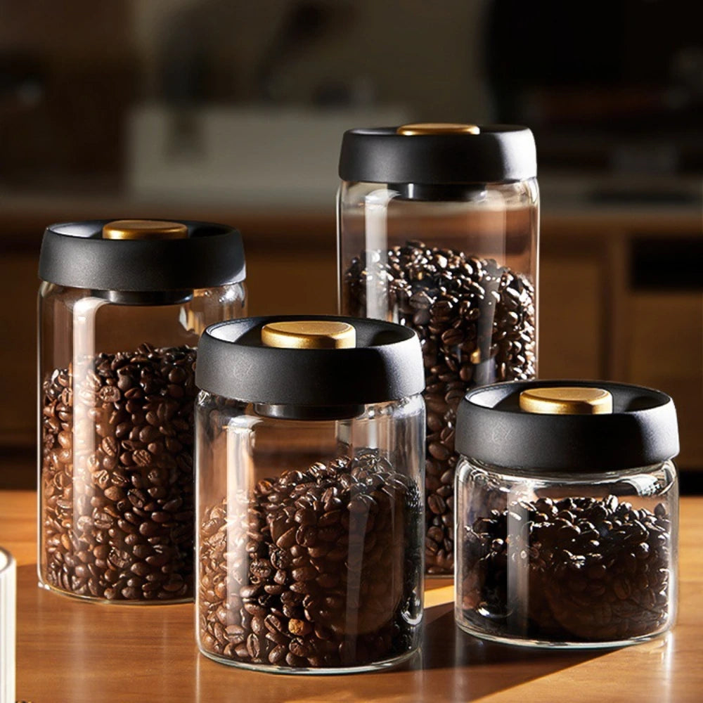 Airtight Vacuum-Sealed Glass Coffee Bean Storage Jar – Freshness Preserving Food Container with Silicone Seal