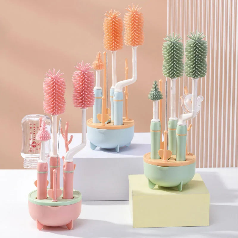 360° Baby Bottle Cleaning Brush & Drying Rack Set – Soft Silicone, Long Handle, Efficient & Hygienic