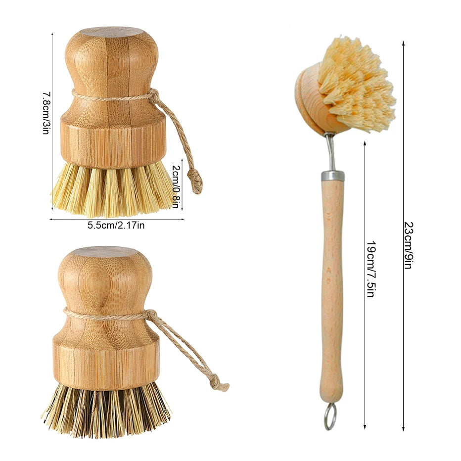 Natural Bamboo Dish Brush with Drain Tray – Eco-Friendly Scrubber for Dishes, Pots, Pans, and Sink Cleaning