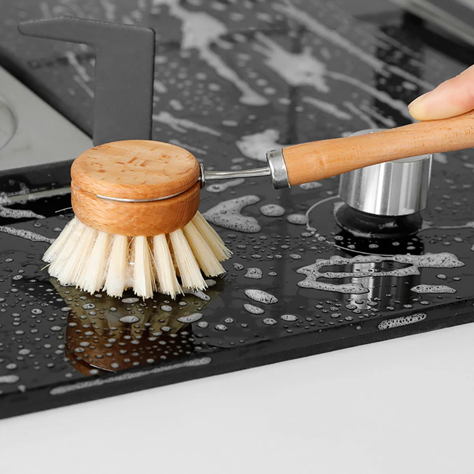 Natural Bamboo Dish Brush with Drain Tray – Eco-Friendly Scrubber for Dishes, Pots, Pans, and Sink Cleaning