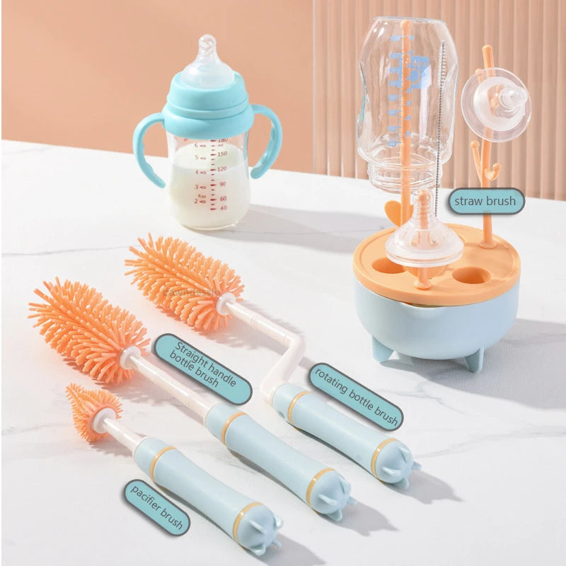 360° Baby Bottle Cleaning Brush & Drying Rack Set – Soft Silicone, Long Handle, Efficient & Hygienic