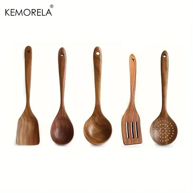 5PCS Thailand Teak Wooden Cooking Utensils Set – Eco-Friendly Kitchen Tools for Stirring, Skimming, Scooping & Serving