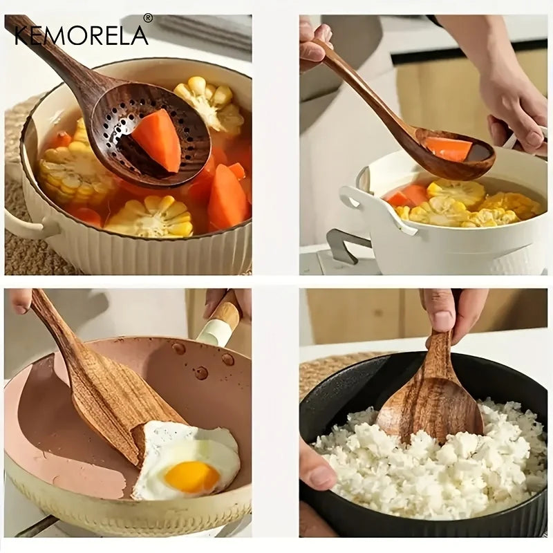 5PCS Thailand Teak Wooden Cooking Utensils Set – Eco-Friendly Kitchen Tools for Stirring, Skimming, Scooping & Serving