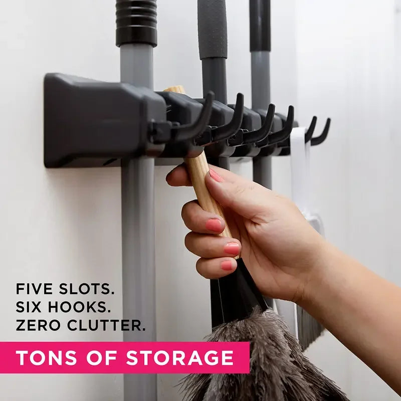 Wall-Mounted Mop & Broom Holder – Heavy-Duty 3/4/5 Position Organizer Rack for Kitchen, Garage & Home Storage