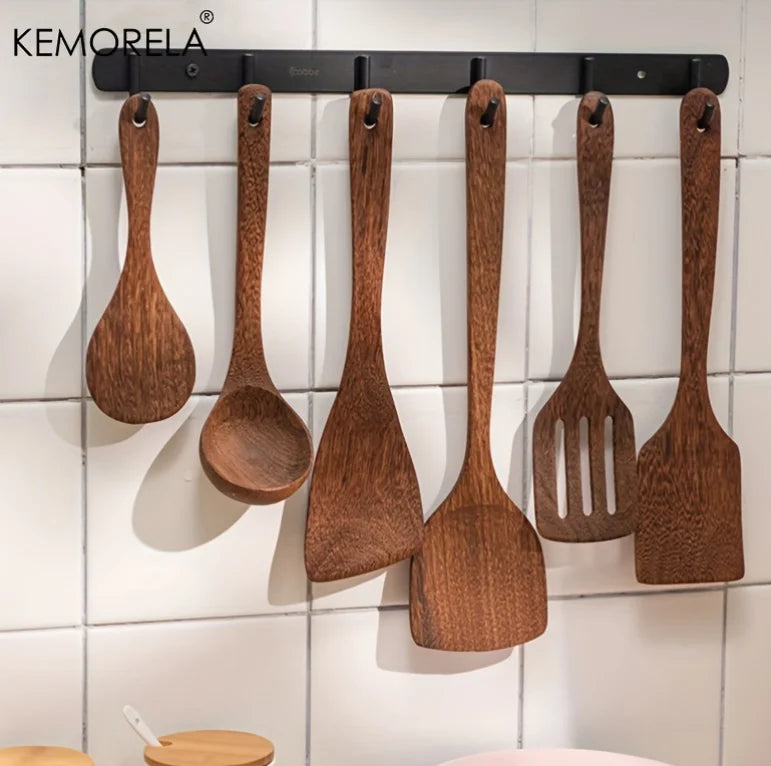 5PCS Thailand Teak Wooden Cooking Utensils Set – Eco-Friendly Kitchen Tools for Stirring, Skimming, Scooping & Serving
