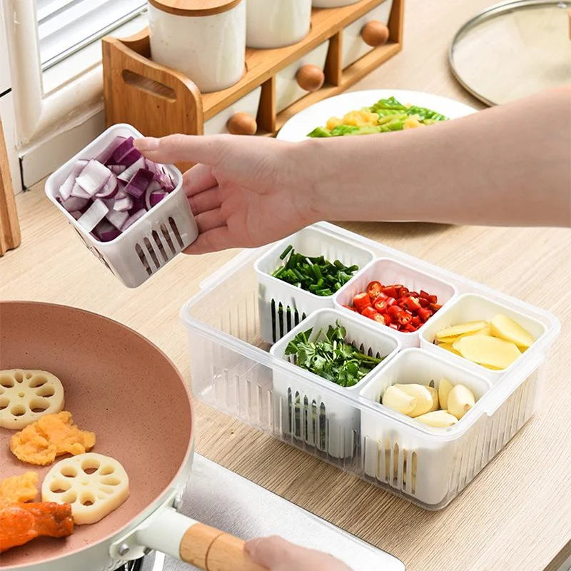 Multi-Grid Refrigerator Fresh-Keeping Box – Drainable Storage Container for Garlic, Ginger, Onions & Veggies
