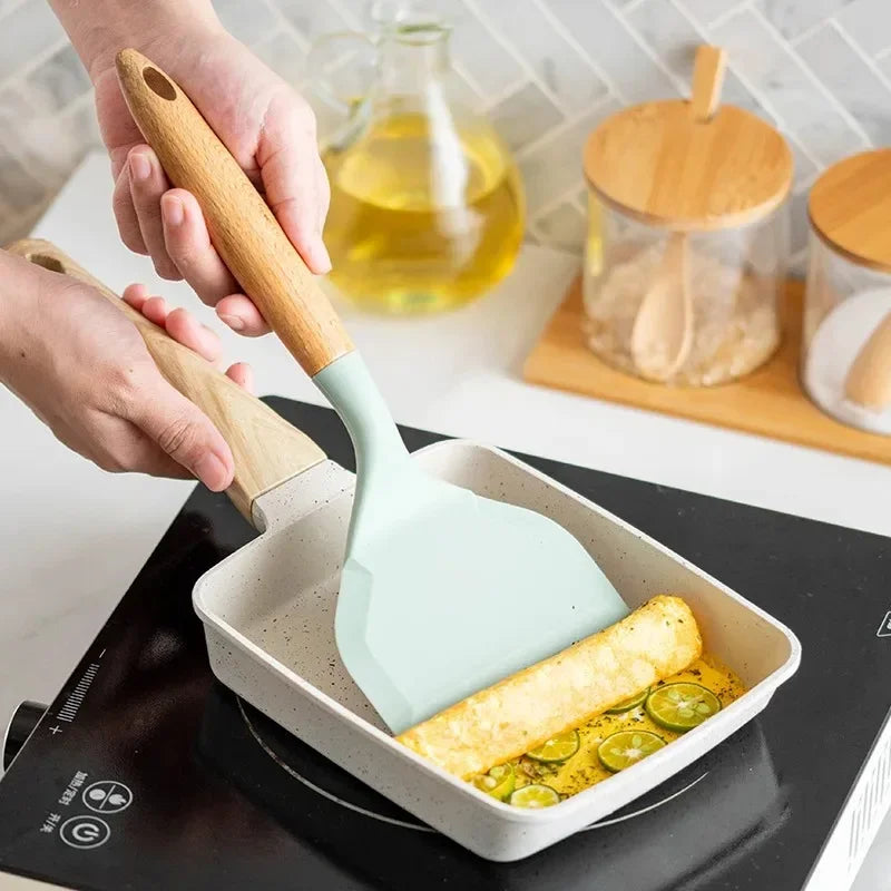 Non-Stick Silicone Spatula with Wooden Handle – Wide Kitchen Scraper for Eggs, Meat, Pizza & More | Heat-Resistant Cooking Utensil
