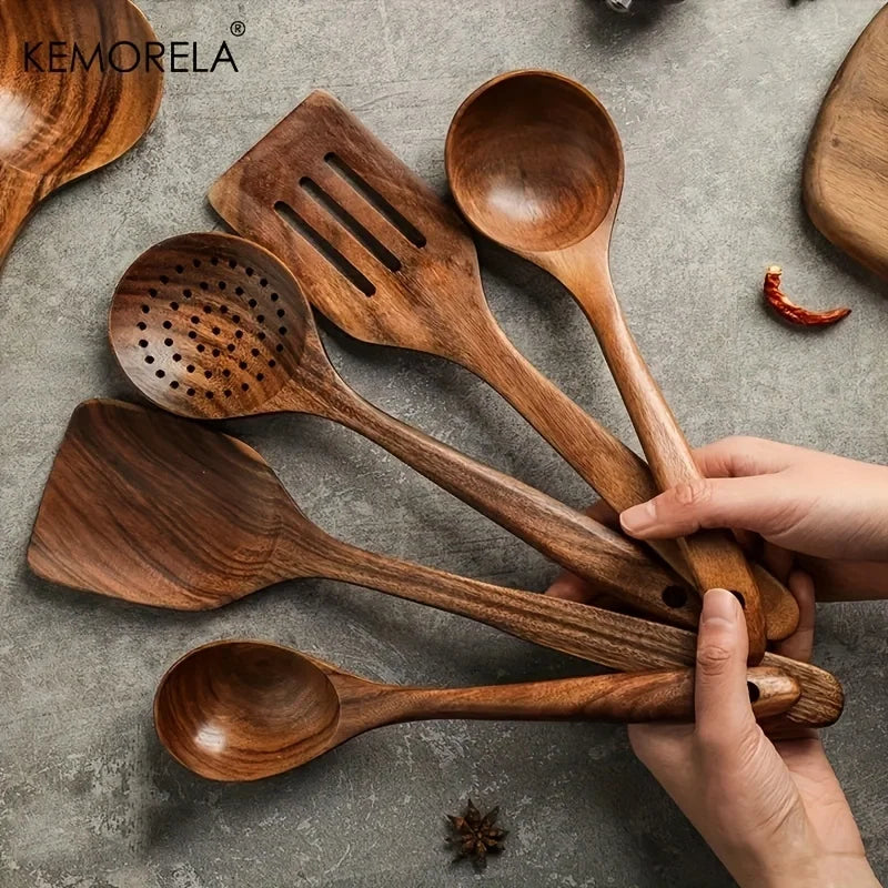 5PCS Thailand Teak Wooden Cooking Utensils Set – Eco-Friendly Kitchen Tools for Stirring, Skimming, Scooping & Serving
