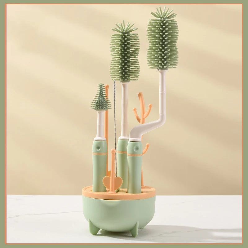 360° Baby Bottle Cleaning Brush & Drying Rack Set – Soft Silicone, Long Handle, Efficient & Hygienic