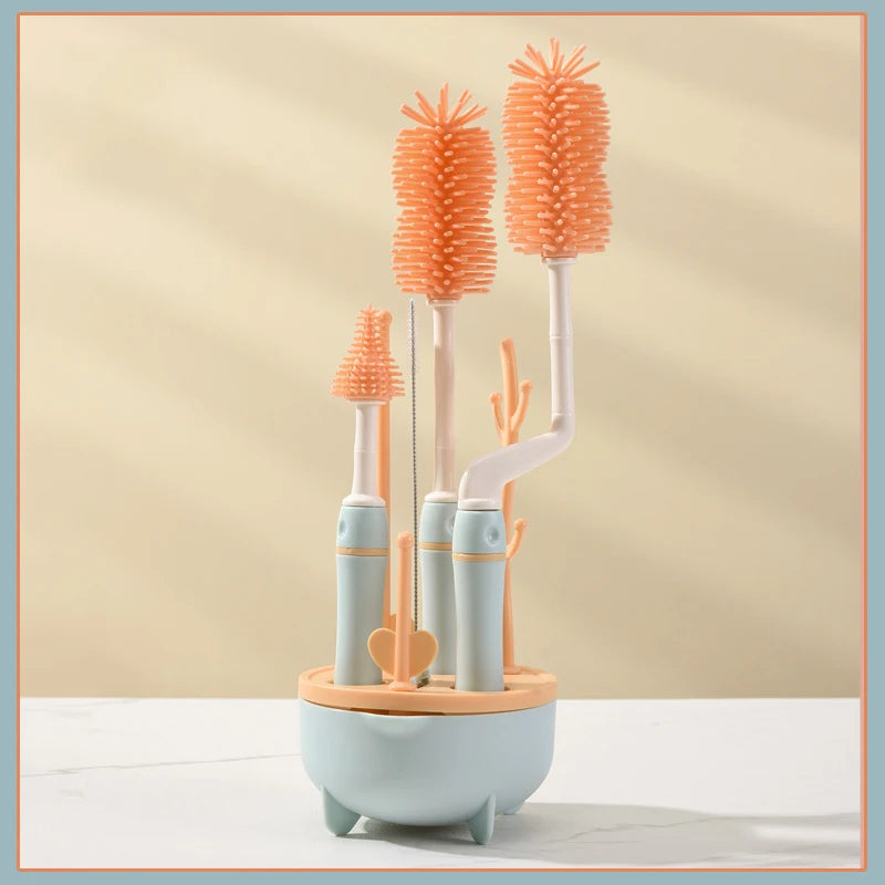 360° Baby Bottle Cleaning Brush & Drying Rack Set – Soft Silicone, Long Handle, Efficient & Hygienic