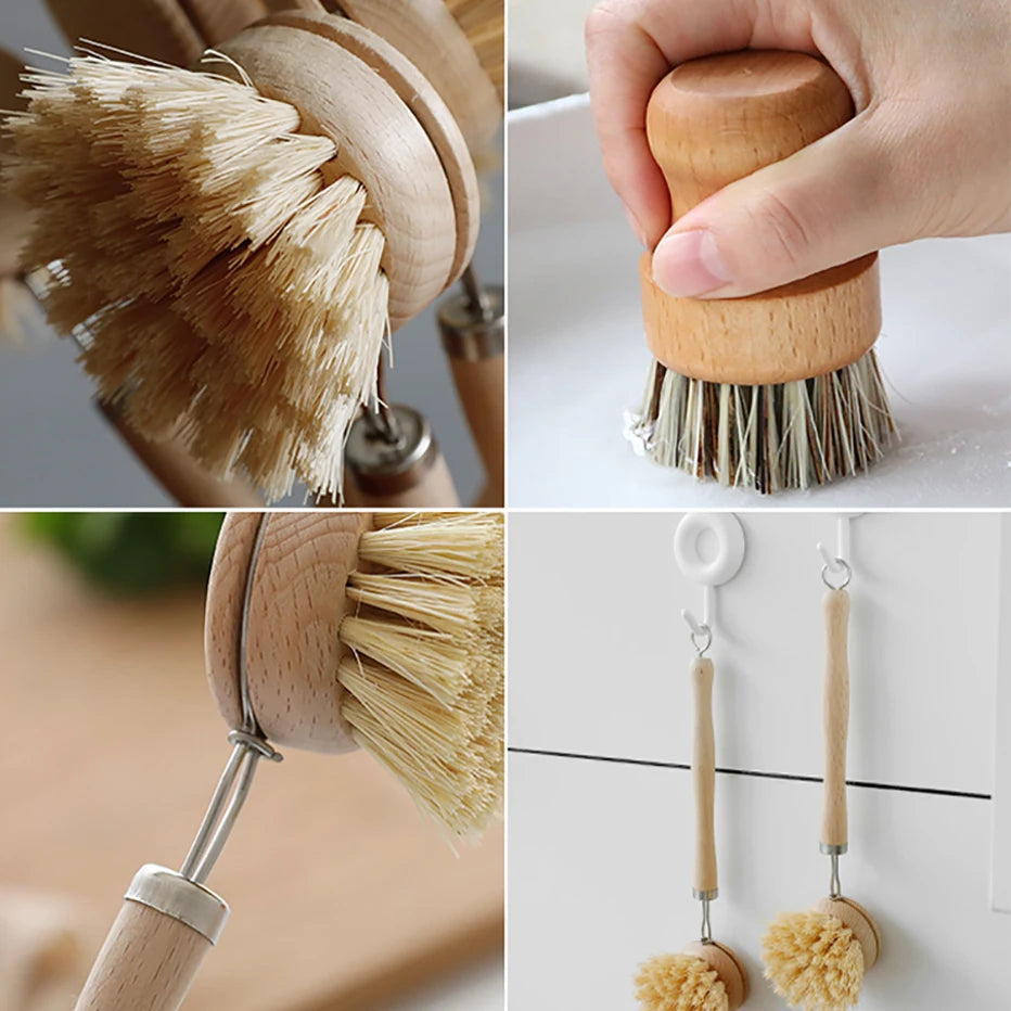 Natural Bamboo Dish Brush with Drain Tray – Eco-Friendly Scrubber for Dishes, Pots, Pans, and Sink Cleaning