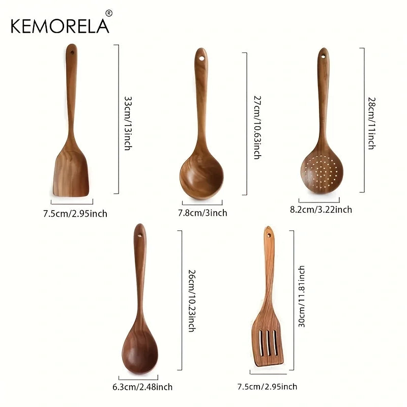 5PCS Thailand Teak Wooden Cooking Utensils Set – Eco-Friendly Kitchen Tools for Stirring, Skimming, Scooping & Serving