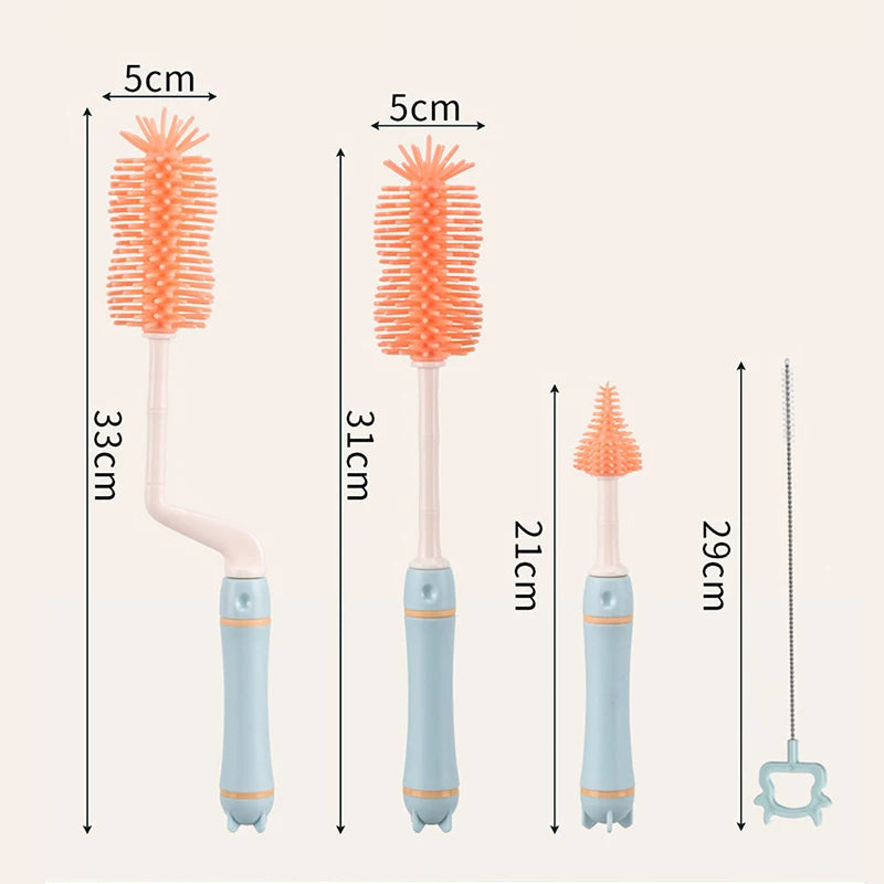 360° Baby Bottle Cleaning Brush & Drying Rack Set – Soft Silicone, Long Handle, Efficient & Hygienic