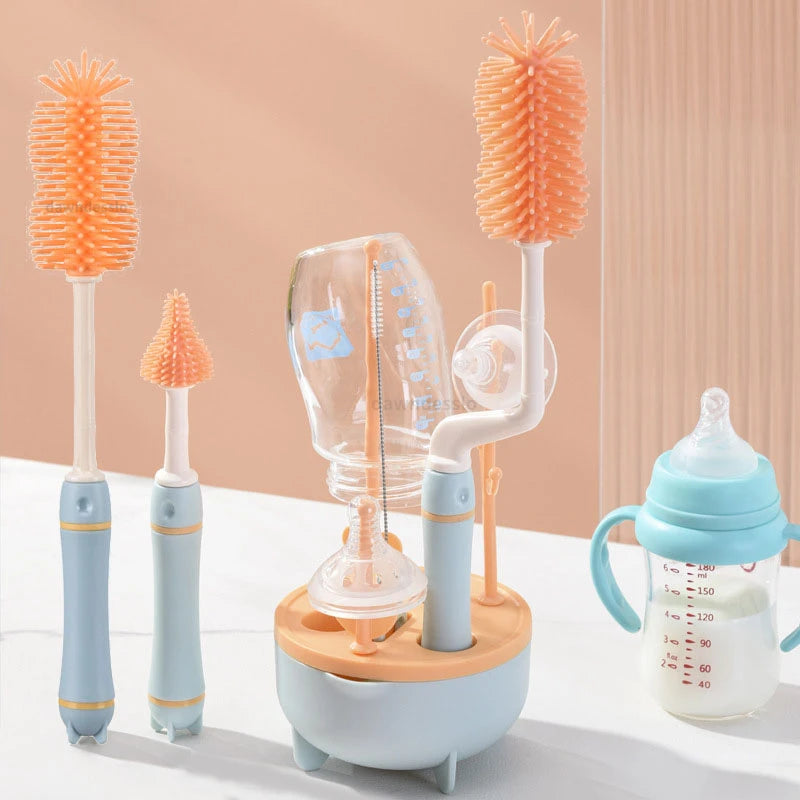 360° Baby Bottle Cleaning Brush & Drying Rack Set – Soft Silicone, Long Handle, Efficient & Hygienic
