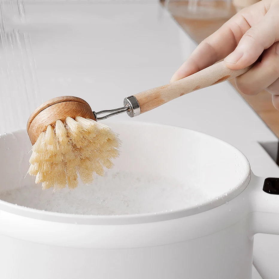 Natural Bamboo Dish Brush with Drain Tray – Eco-Friendly Scrubber for Dishes, Pots, Pans, and Sink Cleaning
