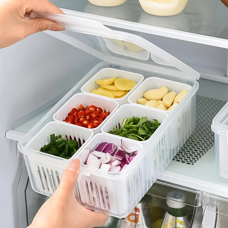 Multi-Grid Refrigerator Fresh-Keeping Box – Drainable Storage Container for Garlic, Ginger, Onions & Veggies