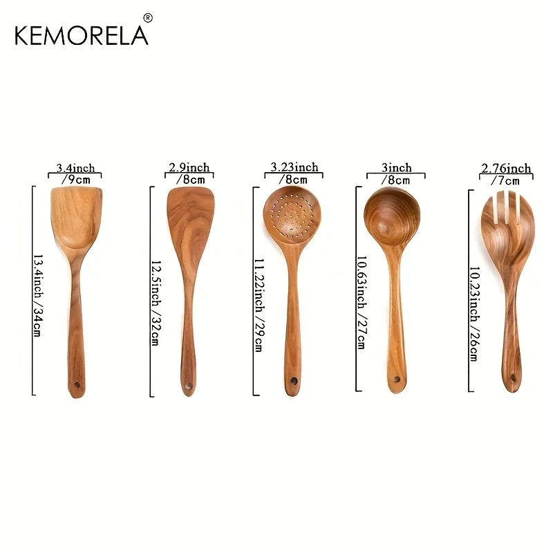 5PCS Thailand Teak Wooden Cooking Utensils Set – Eco-Friendly Kitchen Tools for Stirring, Skimming, Scooping & Serving