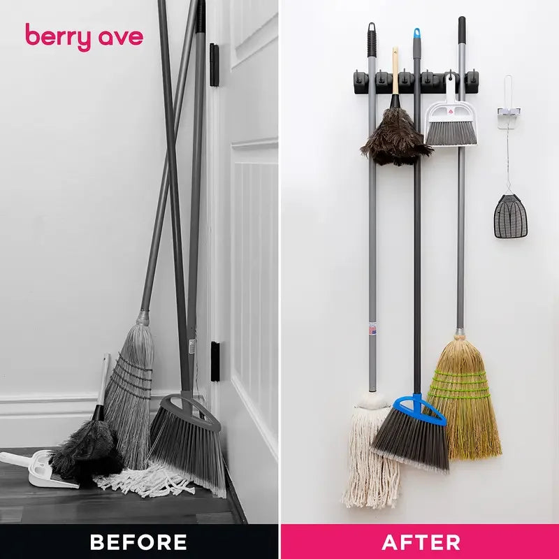 Wall-Mounted Mop & Broom Holder – Heavy-Duty 3/4/5 Position Organizer Rack for Kitchen, Garage & Home Storage