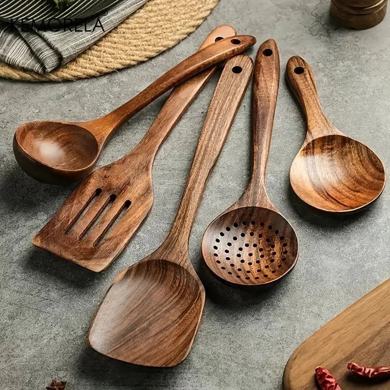 5PCS Thailand Teak Wooden Cooking Utensils Set – Eco-Friendly Kitchen Tools for Stirring, Skimming, Scooping & Serving