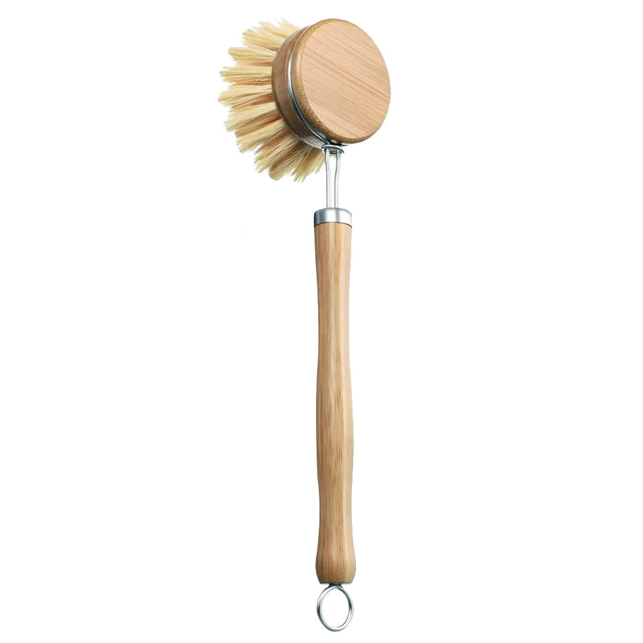 Natural Bamboo Dish Brush with Drain Tray – Eco-Friendly Scrubber for Dishes, Pots, Pans, and Sink Cleaning