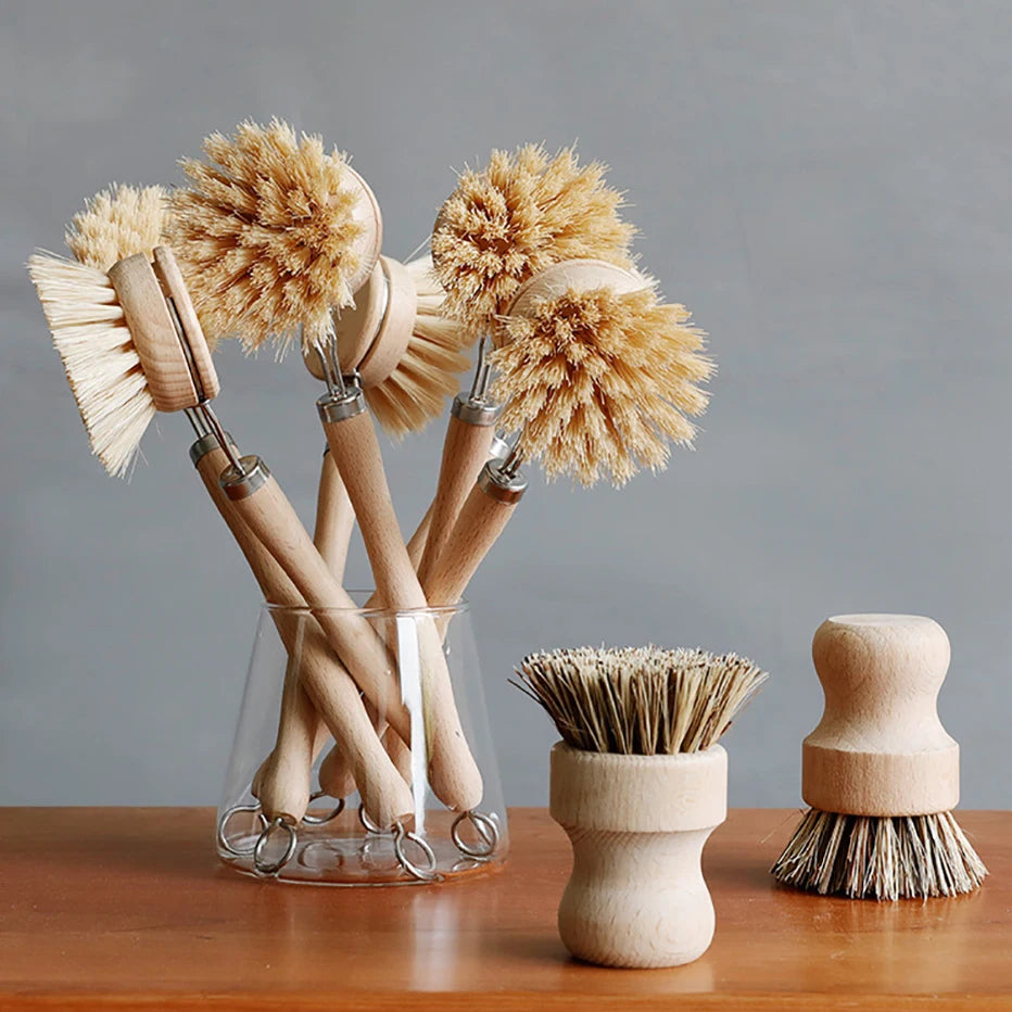 Natural Bamboo Dish Brush with Drain Tray – Eco-Friendly Scrubber for Dishes, Pots, Pans, and Sink Cleaning