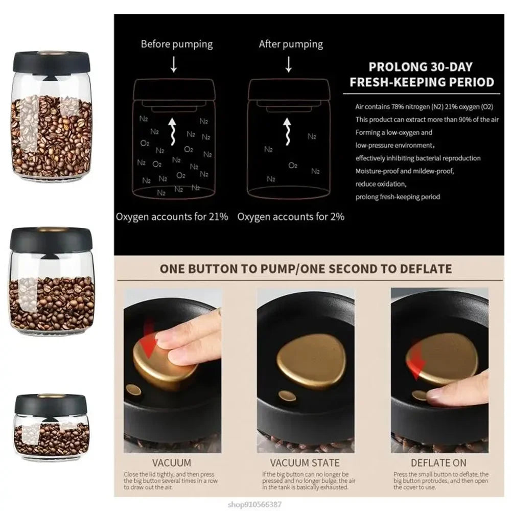Airtight Vacuum-Sealed Glass Coffee Bean Storage Jar – Freshness Preserving Food Container with Silicone Seal