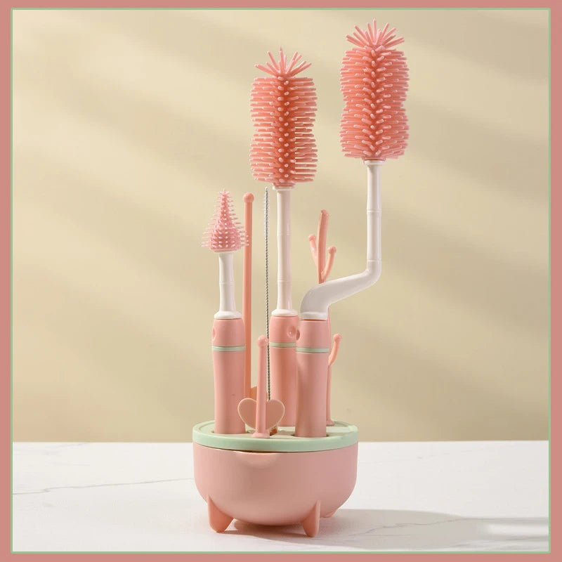 360° Baby Bottle Cleaning Brush & Drying Rack Set – Soft Silicone, Long Handle, Efficient & Hygienic