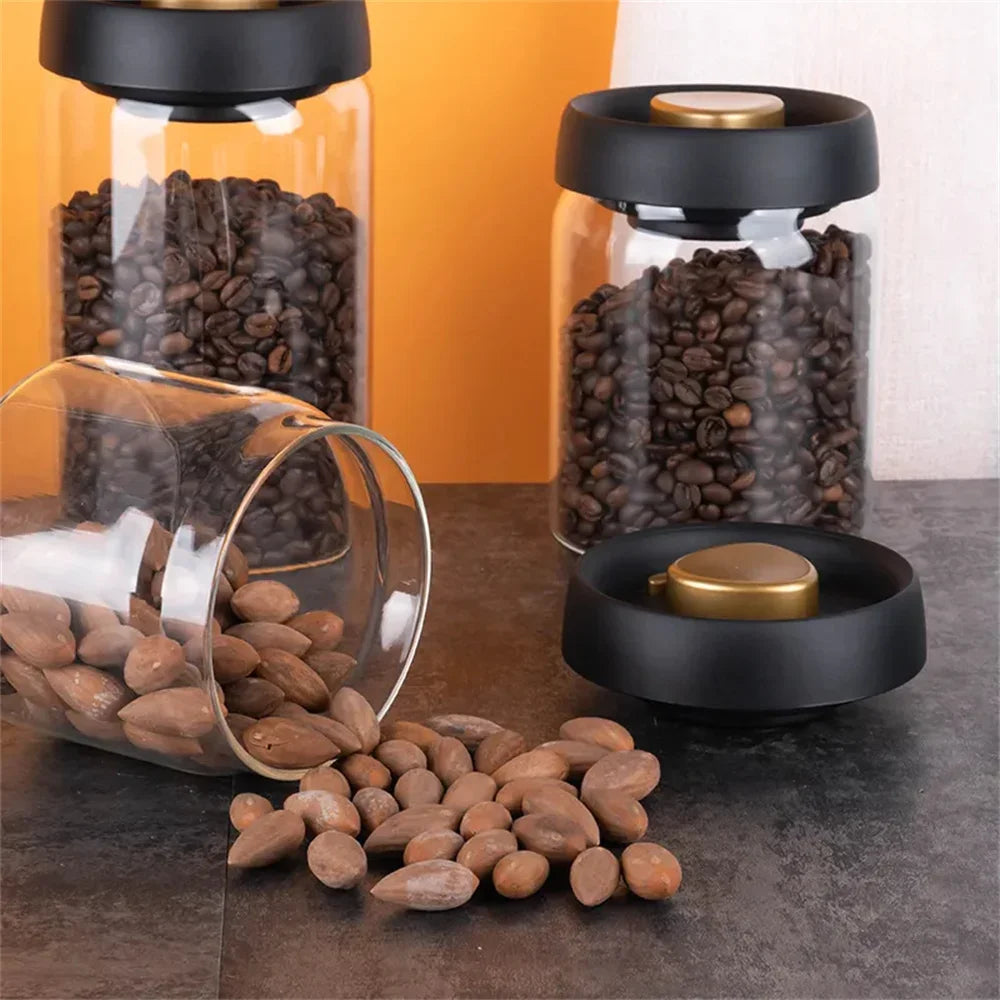 Airtight Vacuum-Sealed Glass Coffee Bean Storage Jar – Freshness Preserving Food Container with Silicone Seal