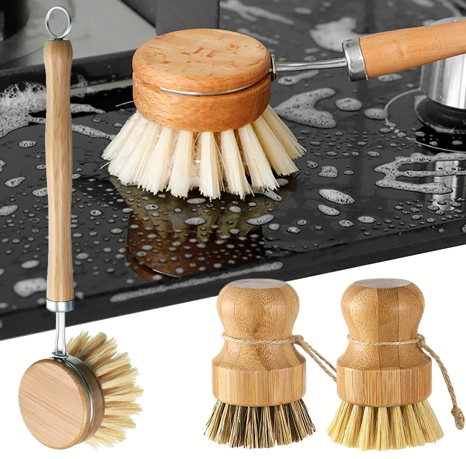 Natural Bamboo Dish Brush with Drain Tray – Eco-Friendly Scrubber for Dishes, Pots, Pans, and Sink Cleaning