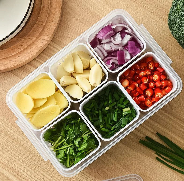 Multi-Grid Refrigerator Fresh-Keeping Box – Drainable Storage Container for Garlic, Ginger, Onions & Veggies