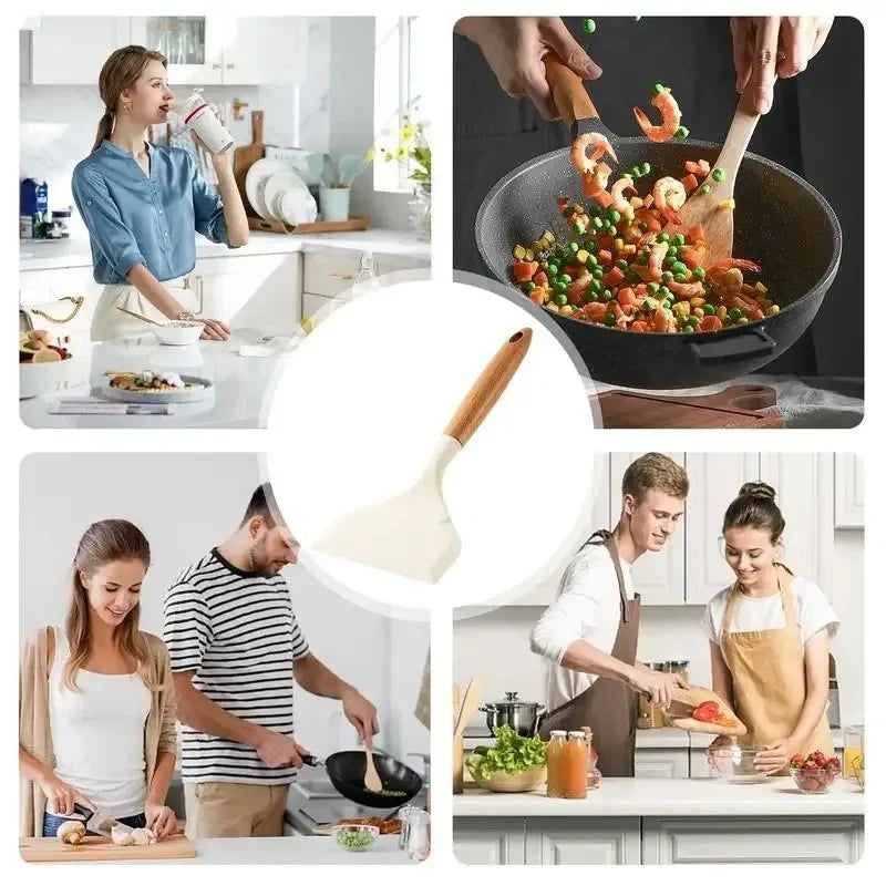 Non-Stick Silicone Spatula with Wooden Handle – Wide Kitchen Scraper for Eggs, Meat, Pizza & More | Heat-Resistant Cooking Utensil