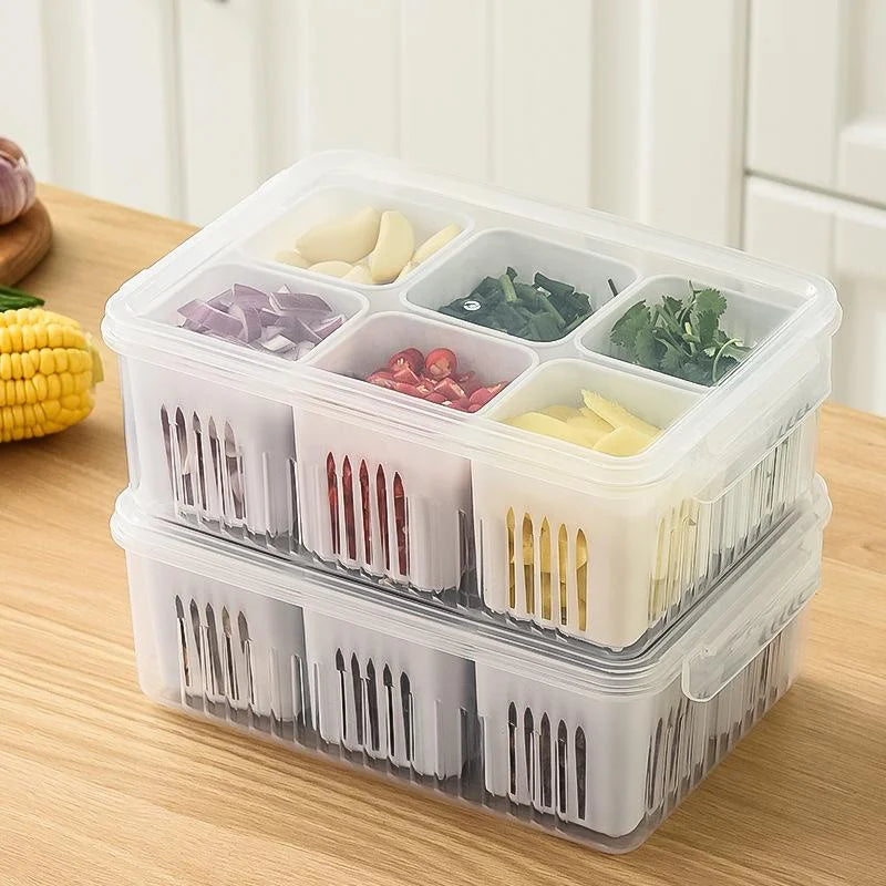 Multi-Grid Refrigerator Fresh-Keeping Box – Drainable Storage Container for Garlic, Ginger, Onions & Veggies